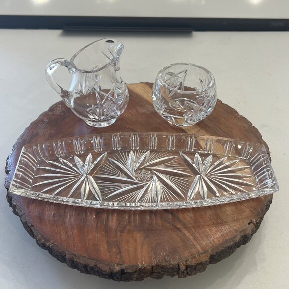 Bohemian Handmade Pinwheel Crystal Creamer, Sugar Bowl & Tray! - Picture 11 of 16